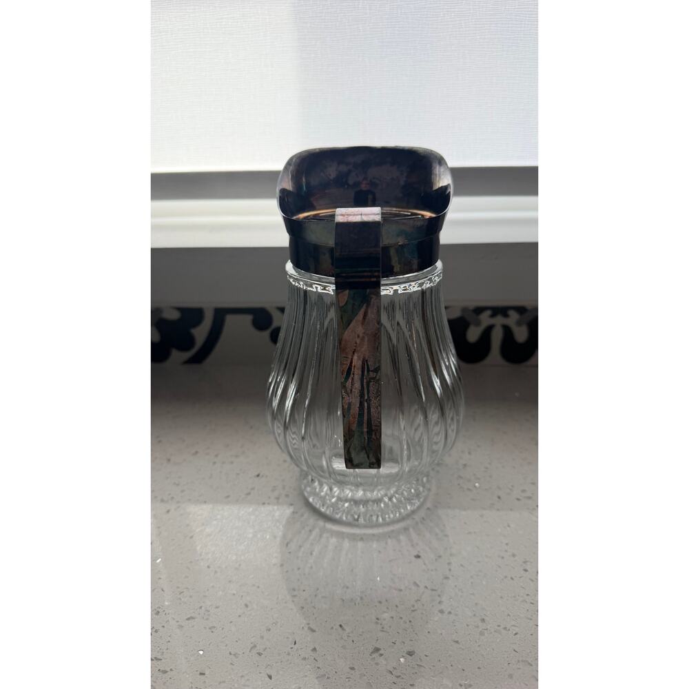 Vintage Ribbed Glass Pitcher Silver-Plated Handle, Italian Mid-Century Bar Decor - Picture 4 of 7